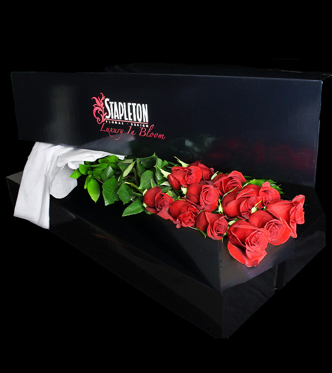  luxurious long dozen red roses in box